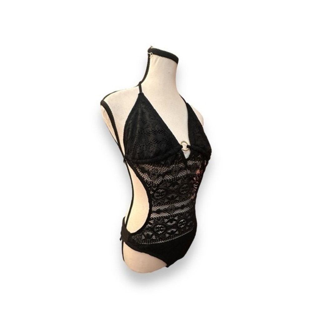 🆕 NWT Women’s L Black Crochet Cut Out One Piece Sexy Swimsuit